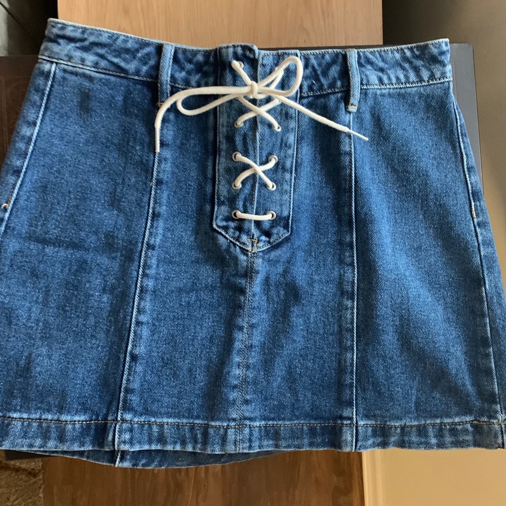 Dark-Wash Denim Tie-Up Skirt